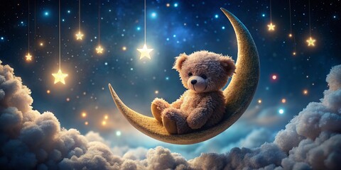 Cute Teddy Bear Sleeping on Crescent Moon Swing, Starry Night, Low Light Photography