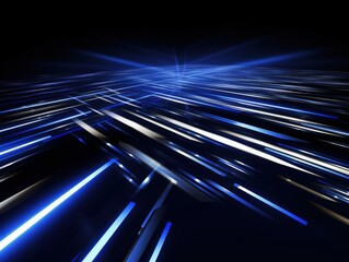 Abstract dark scene with converging perspective lines of blue light as the background for presentations