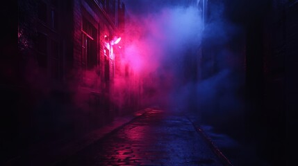 Mysterious night alley bathed in pink and blue light.