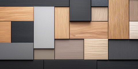 Geometric pattern of wooden and metallic textured tiles in neutral tones, a modern architectural design.
