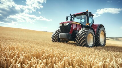 Obraz premium Red tractor plowing golden wheat field under clear blue sky preparing for harvest