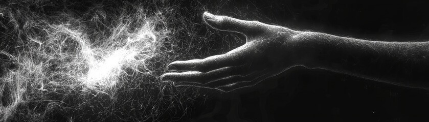 Naklejka premium Ethereal hands reaching into the void, fingers touching a distant star, detailed cosmic patterns forming in grayscale