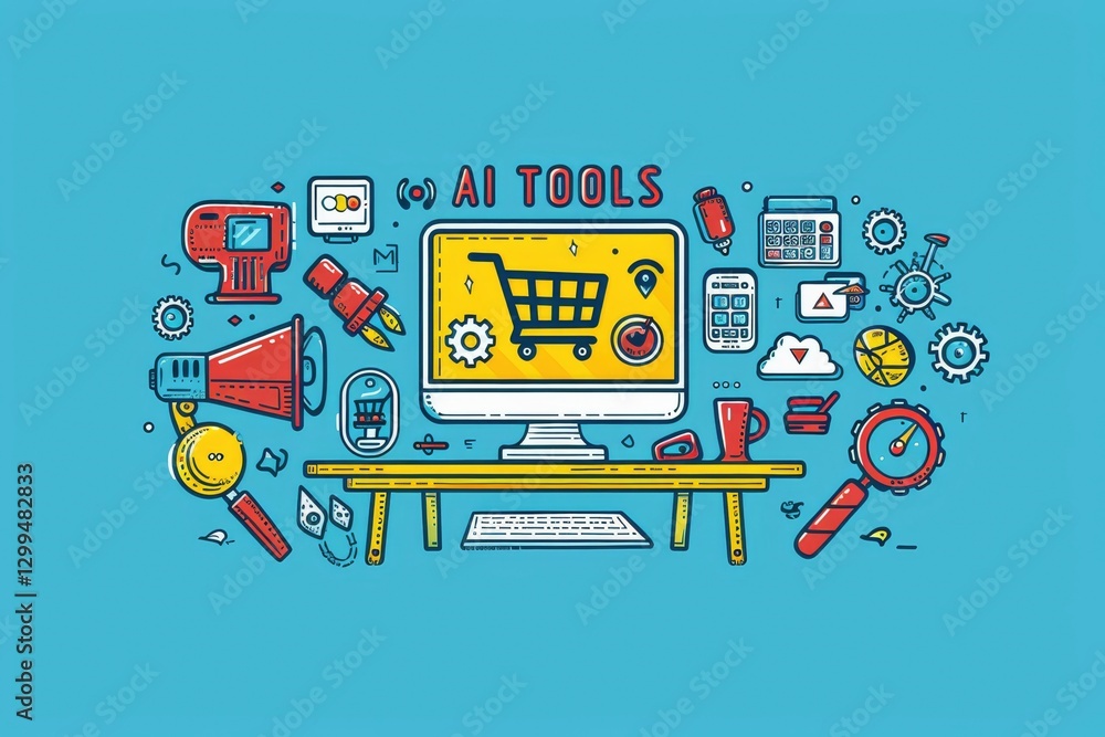 Poster a vibrant illustration showcases ai tools related to online shopping. various icons for analytics sh