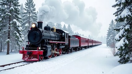 A vintage steam locomotive chugs along tracks surrounded by snow-covered trees on a cold winter day creating plumes of white steam against the wintry landscape.