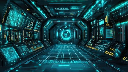 Obraz premium Abstract futuristic spaceport background with glowing industrial elements.