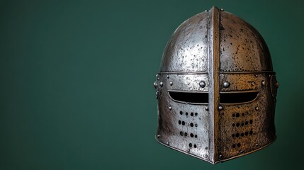 Aged bronze helmet with patina and intricate details against a rich green backdrop.