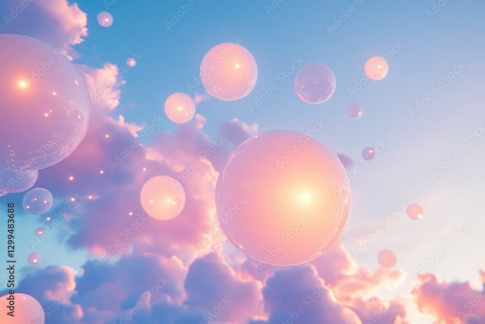 Poster glowing orbs float in a dreamy pastel sky, creating a surreal and ethereal atmosphere.