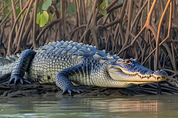 Fierce Alligator Lurking in Swampy River with Reflective Scales and Powerful Jaws