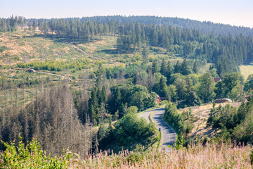 The circular walk in the Grumbach Valley, located in the Harz Mountains (Saxony, Germany) offers great views of forests, moutains and lakes. It's located near the rural area of Hahnenklee-Bockswiese.