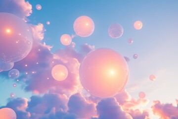 Fototapeta premium Glowing orbs float in a dreamy pastel sky, creating a surreal and ethereal atmosphere.