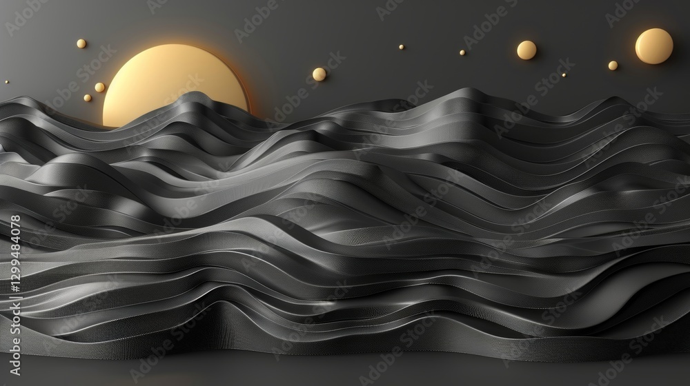 Poster a dynamic wave-like surface is depicted in dark tones contrasted by a golden sun setting in the back