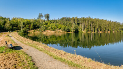 The circular walk in the Grumbach Valley, located in the Harz Mountains (Germany), runs along some ponds that are together called Grumbach Pond. It is an old mining reservoir or man-made lake.
