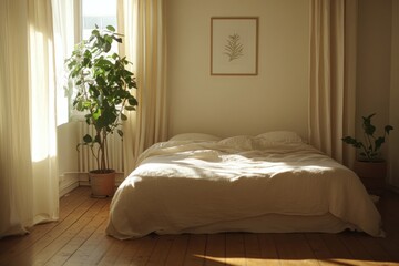 Sunny bedroom with plant and bed; interior shot for home decor