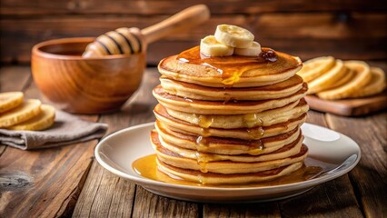 Fluffy pancakes stacked on a plate with sliced banana and a drizzle of honey, sitting on a wooden table with a warm kitchen background, breakfast, bananas