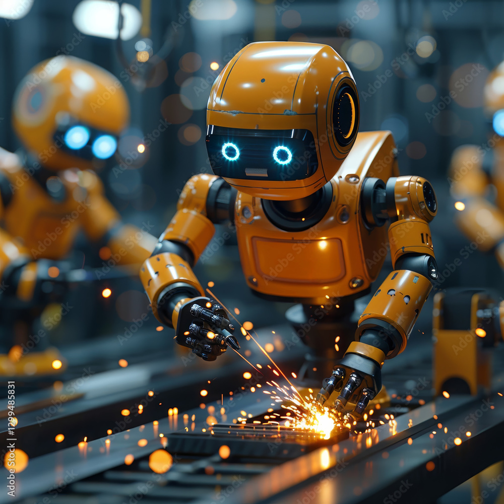 Poster small robots with bright orange exteriors perform intricate welding tasks creating sparks in a moder