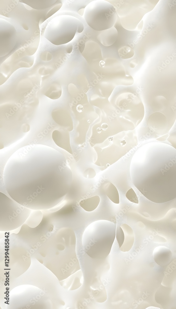 Poster white liquid substance with shapes and bubbles creating abstract texture