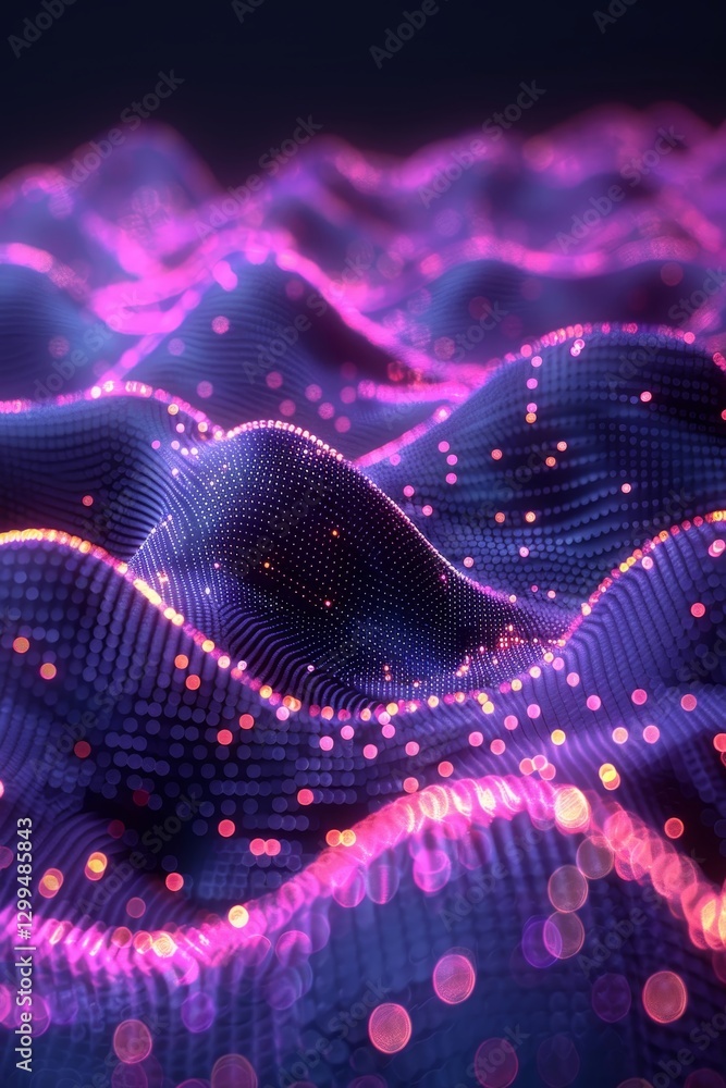 Poster vibrant waves undulate in a digital landscape illuminated by glowing particles. the intricate design