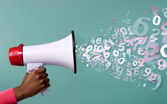 mano sostiene meg&aacute;fono bocina altavoz parlante, del que brotan, salen numeros, estadisticas, indices, informacion, sobre fondo pastel, mockup publicitario
