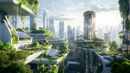 Obraz premium A futuristic city with solar-powered buildings and green spaces, providing an energy-efficient and sustainable living environment for its citizens.