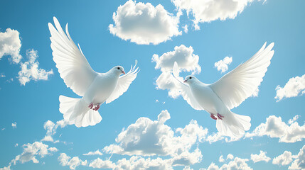 Obraz premium Two white doves flying in a blue sky with white clouds. Peace - River. Illustration