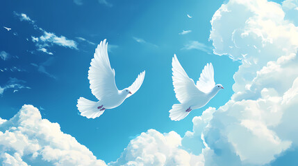 Two white doves flying in a blue sky with white clouds. Peace - River. Illustration