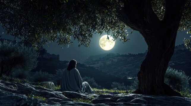 Contemplative Jesus in the Garden of Gethsemane Deep in Prayer Amidst Moonlit Olive Groves and a Profound Spiritual Solitude