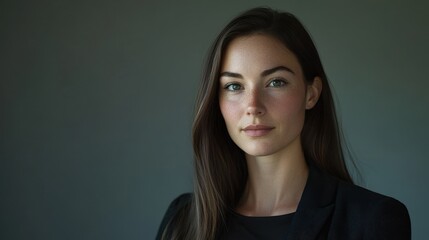Fototapeta premium Confident Young Woman in Professional Attire Against a Subtle Background