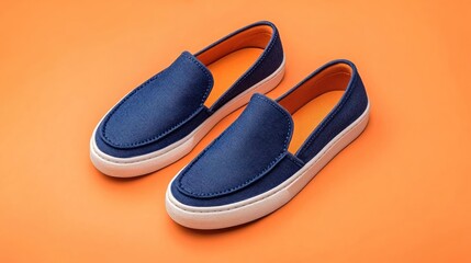 Fototapeta premium Casual slip-on shoes in denim blue on a bright orange background.