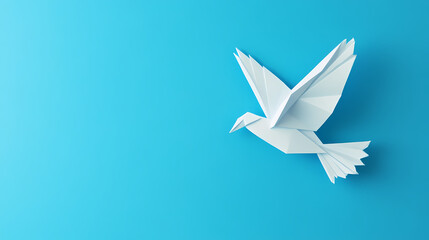 White origami pigeon on a blue paper background, peace or freedom concept, paper art work. Peace - River. Illustration