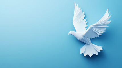 Fototapeta premium White origami pigeon on a blue paper background, peace or freedom concept, paper art work. Peace - River. Illustration