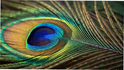 Obraz premium Close-up photograph of a vibrant peacock feather showcasing its iridescent colors 