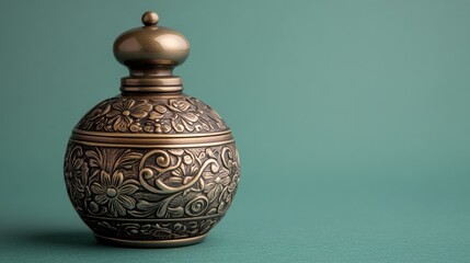 Classic bronze perfume bottle with intricate floral engravings against a green background.
