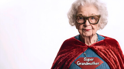 Elderly woman in cape labeled Super Grandmother  
