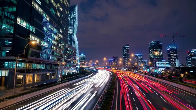 Nocturnal cityscape capturing vibrant car light trails weaving across ayalon highway, highlighting tel aviv's luminous skyline with sleek skyscrapers and architectural contours