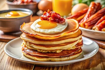 Delicious Breakfast: Fluffy Pancakes, Crispy Bacon, and Sunny-Side Up Eggs