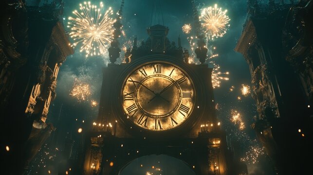 Countdown clock with glowing golden numbers, surrounded by fireworks.