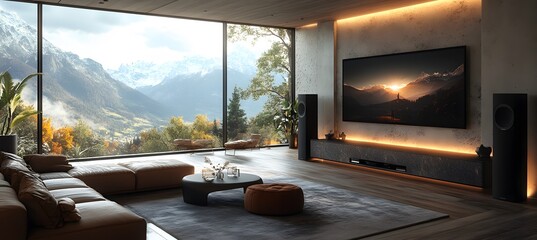 Obraz premium Modern smart tv connected with sound bar. Home entertainment system. Tech, visual, audio entertainment. Stylish interior design. Living room setup. High-quality image, beautiful landscape view, 