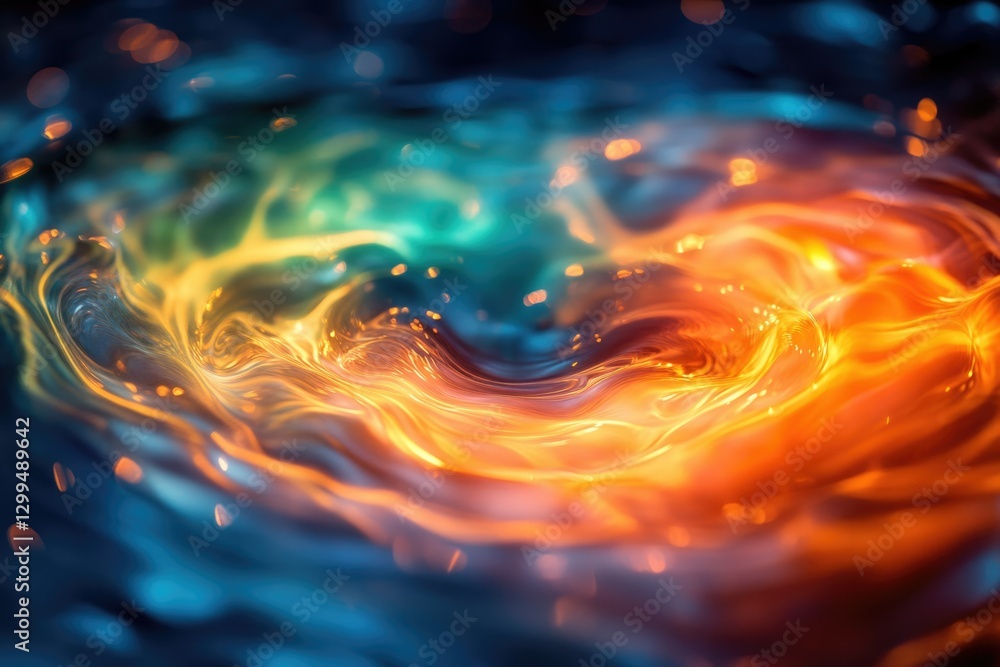 Poster abstract swirling vortex of vibrant teal and orange hues, creating a mesmerizing and dynamic visual 