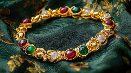 Obraz premium Delicate gold anklet with small gemstones, carefully displayed on a textured dark green fabric.