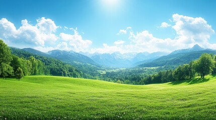 Obraz premium Experience a serene escape in a mountain meadow with lush grass, stunning peaks, and a clear blue sky.