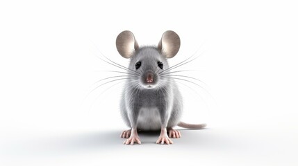 A grey mouse on a pure white background, showcasing its small size and delicate features in crisp detail.