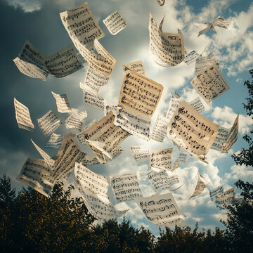 Sheets of music float against a sky backdrop. Musical notations are visible on the flying pages. Dreamlike scene with paper and cloud elements