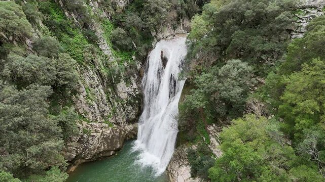 Aerial view of Polylimnio Waterfall in Messinia, Greece after heavy rainfall