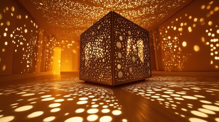 A futuristic bronze cube placed in the center of an orange-lit studio