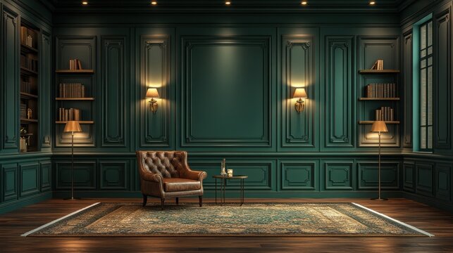 Luxurious Green Library Room Interior