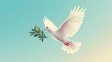 Fototapeta premium A white dove flies with an olive branch in its beak, a symbol of peace and hope. Peace - River. Illustration