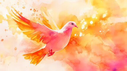 A vibrant watercolor illustration of a dove with orange wings, symbolizing freedom and peace in an artistic style. Peace - River. Illustration