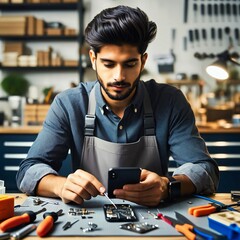 Precision Phone Repair – A technician carefully works on a smartphone's internal components, surrounded by professional repair tools. Generative AI