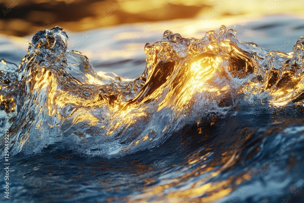 Poster golden sunlight illuminating a breaking wave, creating a mesmerizing, abstract texture of water.
