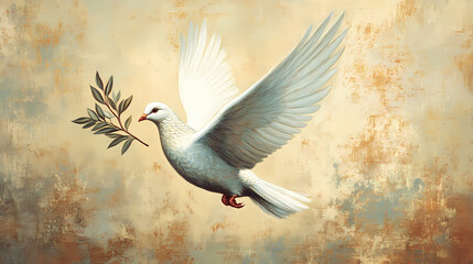 An artistic representation of a white dove holding an olive branch gracefully flying through a serene, earthy toned background symbolizes lasting peace and freedom. Peace - River. Illustration